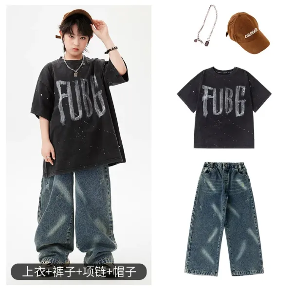 FUBG Graphic Print Oversized T-Shirt Black + Distressed Wide-Leg Jeans + Chain Necklace + Colorado Baseball Cap - 1