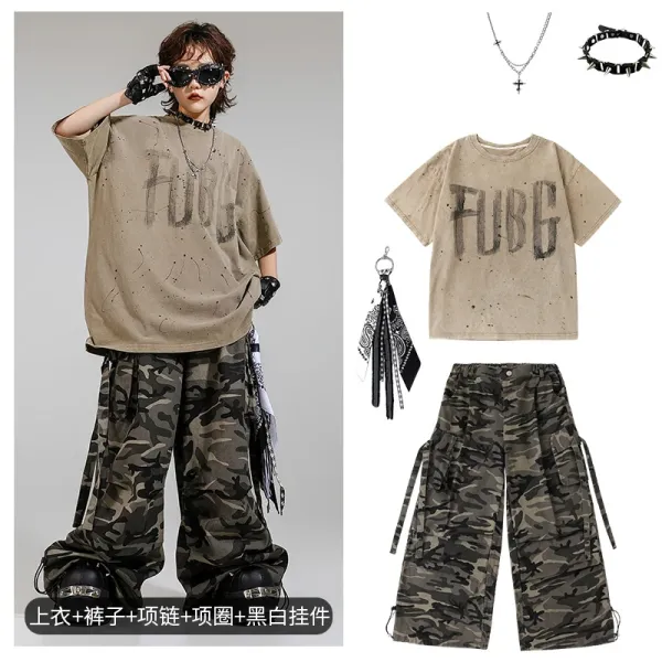 FUBG Distressed Graphic Tee and Camo Cargo Pants Set with Punk Accessories - 1