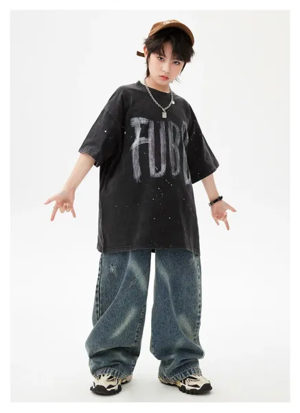 FUBG Graphic Print Oversized T-Shirt and Distressed Wide-Leg Jeans Set - 16