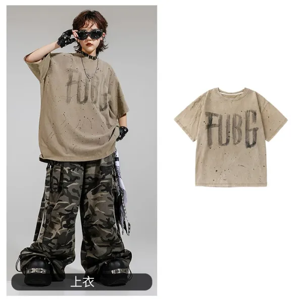FUBG Distressed Graphic Print Oversized T-Shirt Beige - 1