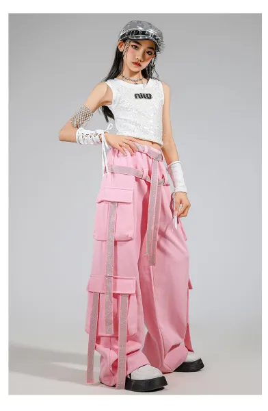 Miu Miu Sequined Crop Top + Cargo Pants Set in Pink and Silver - 10