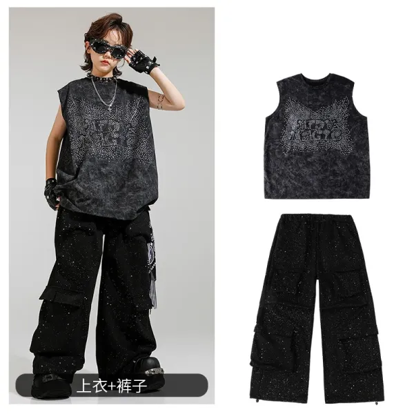 Design Streetwear Set: Acid Wash Glitter Graphic Vest Top + Cargo Pants Black - 1