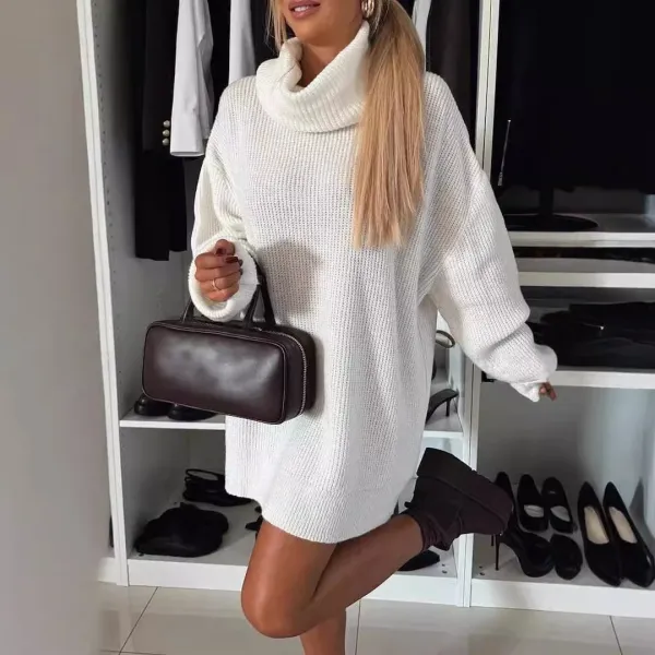 Oversized Turtleneck Knit Dress White Sweater Dress - 1