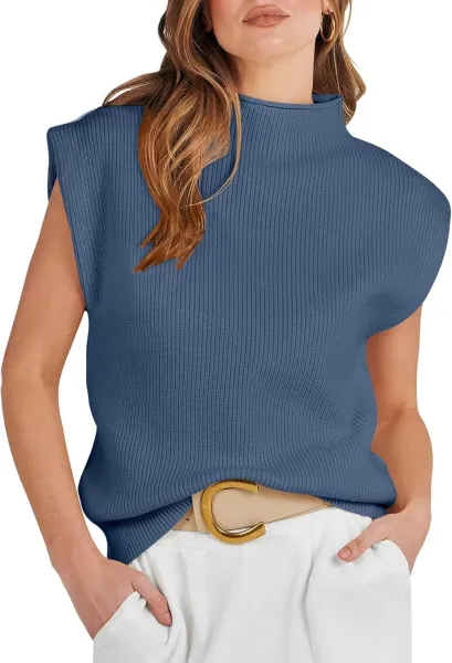 Ribbed Sleeveless Turtleneck Top in Pink Sweater - 18