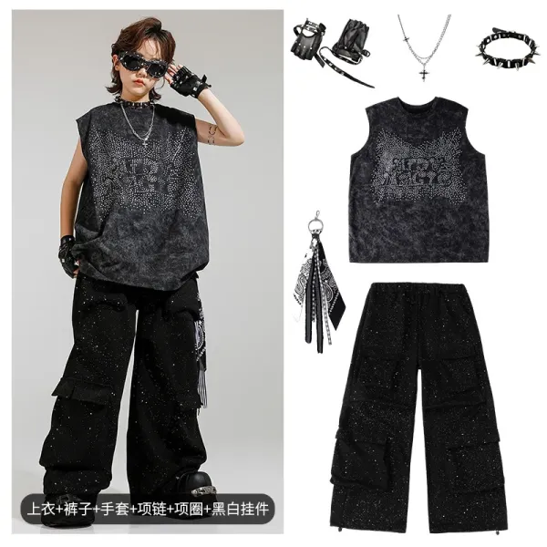 Design Streetwear Set: Acid Wash Rhinestone Vest Top + Cargo Pants + Spike Accessories Black - 1