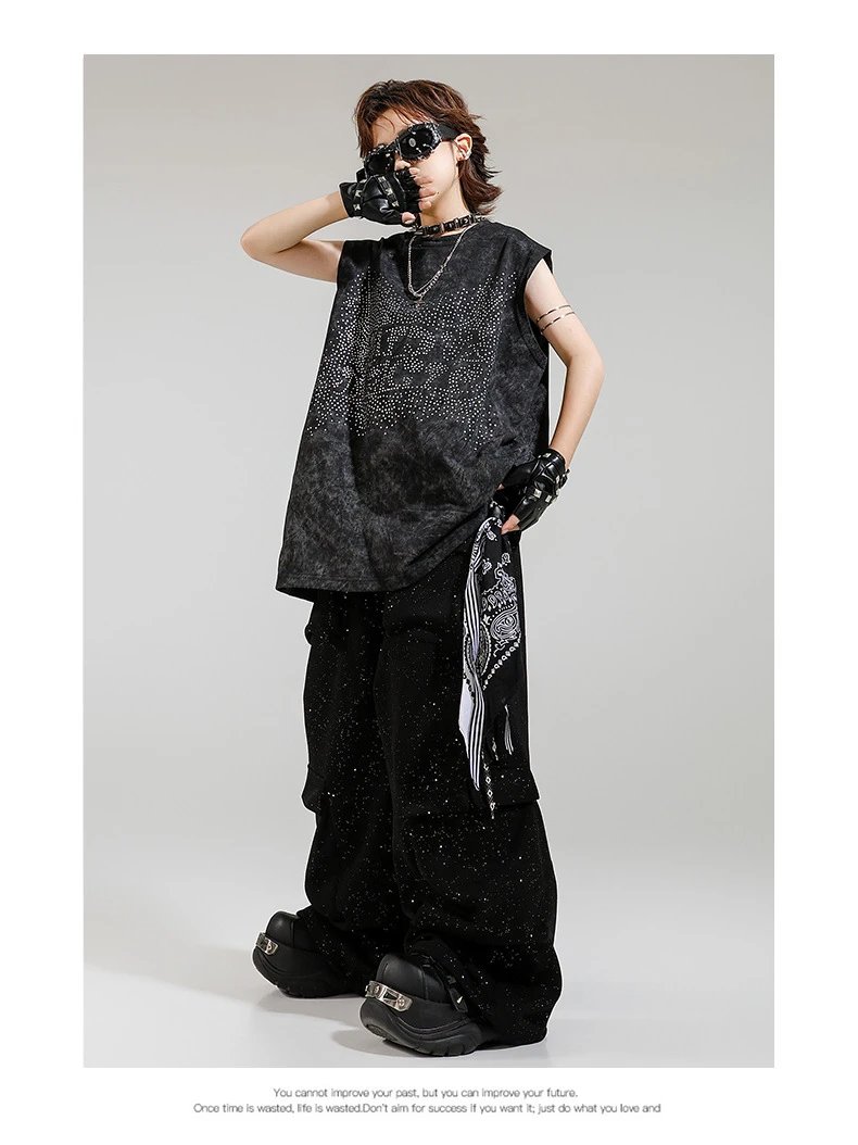 Design Streetwear Set: Acid Wash Sparkle Vest Top + Cargo Pants + Fingerless Gloves Black - 10