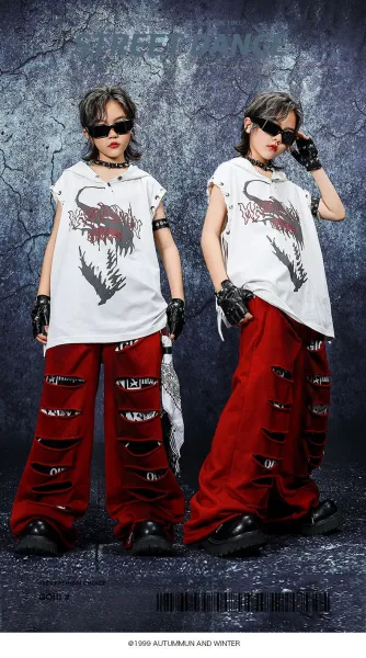 Design Streetwear Set: Dragon Print Hooded Vest + Distressed Red Wide-Leg Pants + Black-White Tassel Pendant - 2