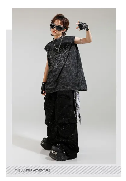 Design Streetwear Set: Acid Wash Sparkle Vest Top + Cargo Pants + Fingerless Gloves Black - 13