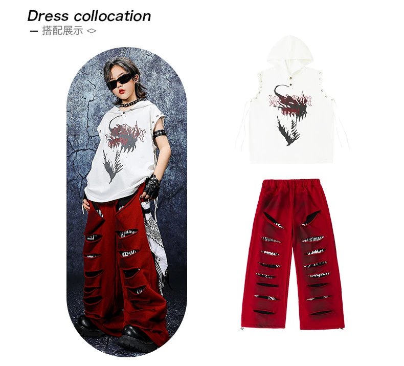 Design Streetwear Set: Dragon Print Hooded Vest + Distressed Red Wide-Leg Pants + Black-White Tassel Pendant - 4
