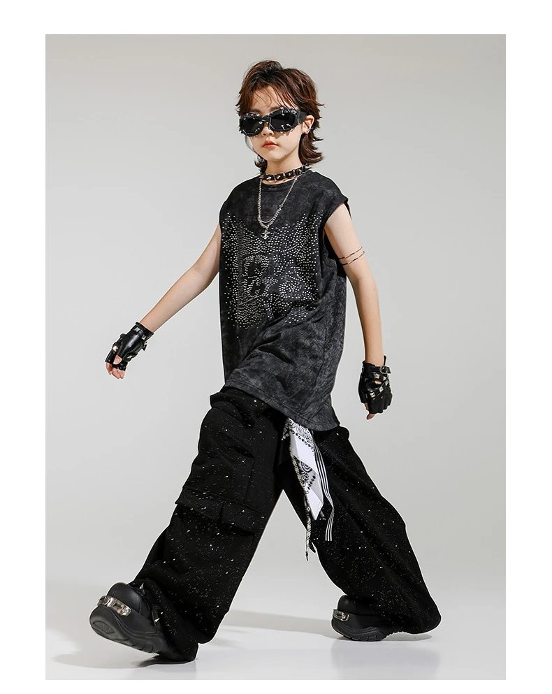 Design Streetwear Set: Acid Wash Sparkle Vest Top + Cargo Pants + Fingerless Gloves Black - 14