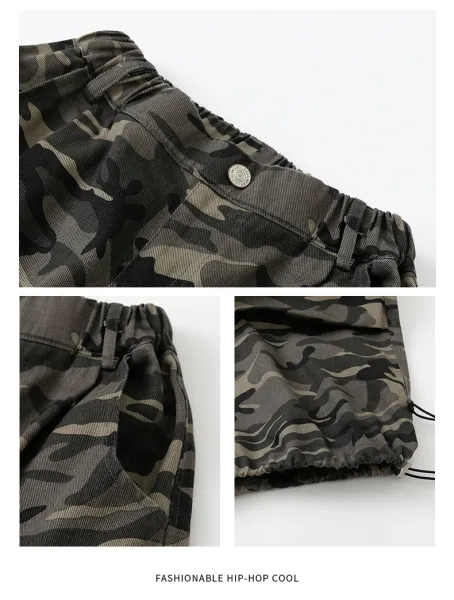 FUBG Distressed Graphic Tee + Camo Cargo Pants Set with Spiked Choker and Bandana Keychain - 21