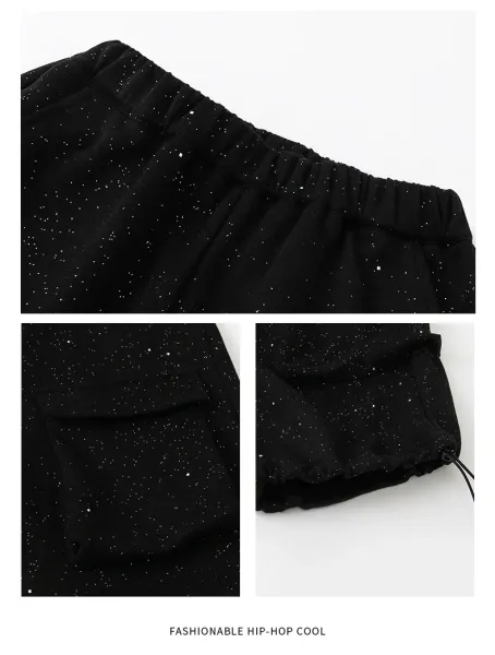 Design Streetwear Set: Acid Wash Sparkle Vest Top + Cargo Pants + Fingerless Gloves Black - 21