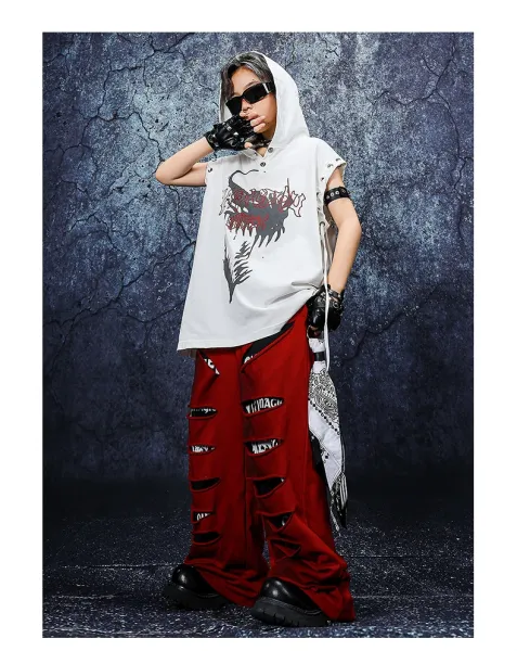 Design Streetwear Set: Dragon Print Hooded Vest + Distressed Red Wide-Leg Pants + Black-White Tassel Pendant - 13