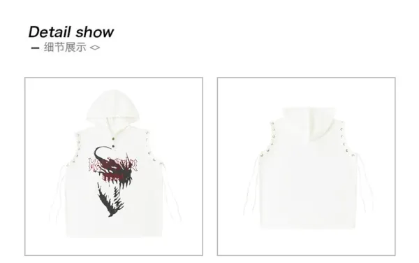 Design Streetwear Set: Dragon Print Hooded Vest + Distressed Red Wide-Leg Pants + Black-White Tassel Pendant - 15
