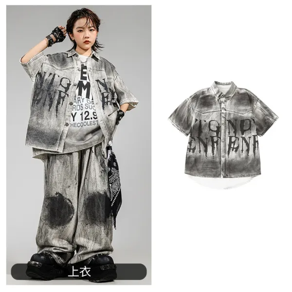 Design Distressed Graphic Print Oversized Shirt Gray - 1