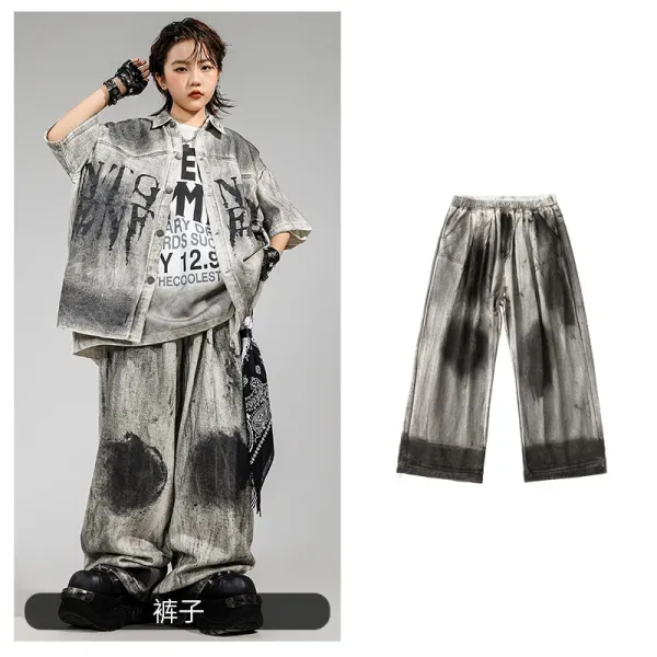 Streetwear Acid Wash Wide-Leg Pants Gray - 1