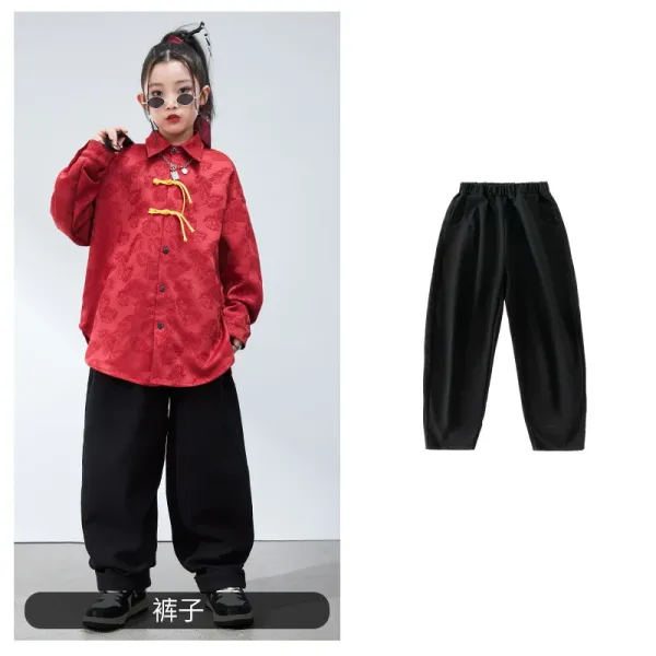 Design Chinese-Style Embroidered Shirt in Red with Yellow Frog Buttons + Black Wide-Leg Pants - 1