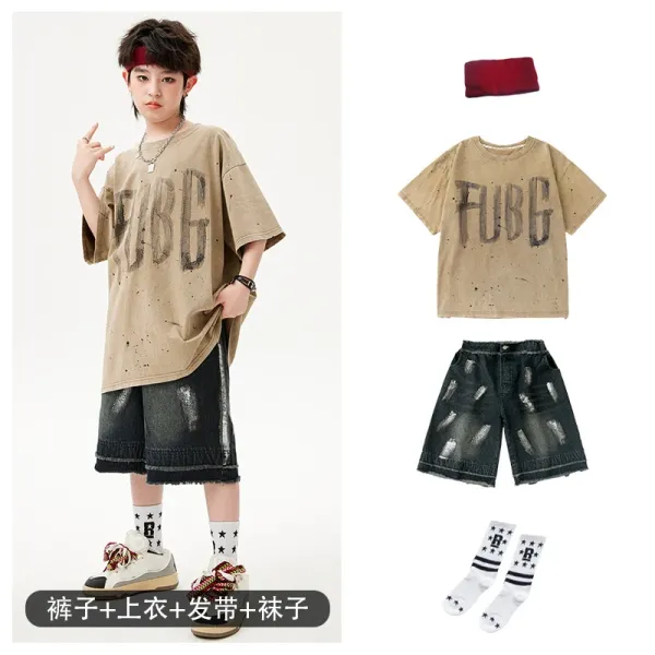 FUBG Graphic Oversized T-Shirt Beige + Distressed Denim Shorts Black + Star-Print Socks White + Red Headband Set - 1