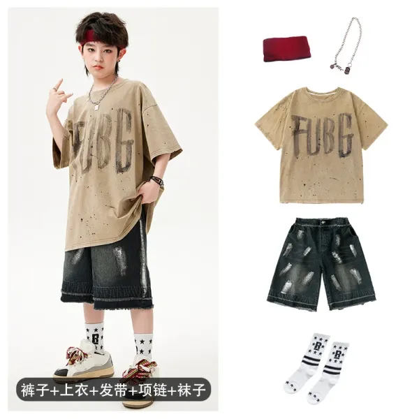 FUBG Graphic Oversized T-Shirt Beige + Distressed Denim Shorts Black + Star Socks White + Chain Necklace + Red Headband Set - 1