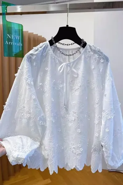 Embroidered Floral Lace Blouse White Tops - 3