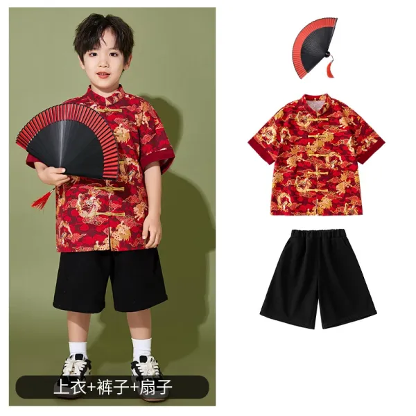 Traditional Chinese Dragon Print Hanfu-Style Set Red + Black Shorts + Folding Fan - 1
