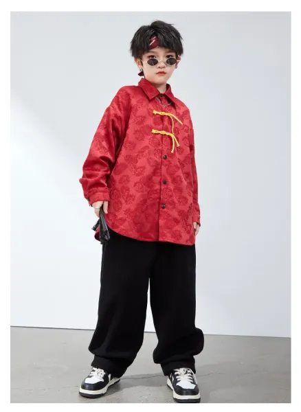 Chinese-Inspired Velvet Shirt + Satin Pants + Chain Necklace Set Red/Black - 17