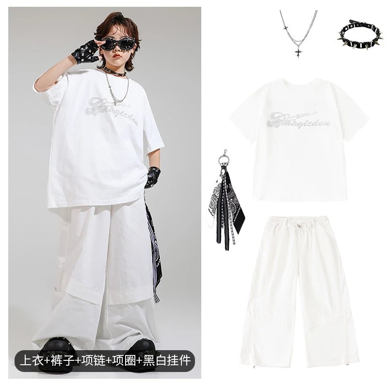 Magicdou Graphic Embroidered Oversized T-Shirt and Wide-Leg Pants Set in White with Black Accessories - 1