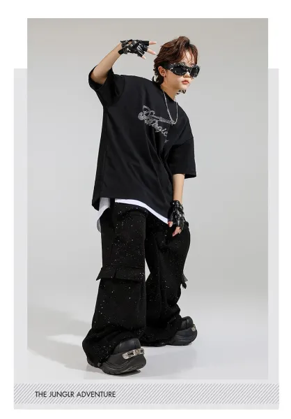 Design Streetwear Set: Glitter Graphic T-Shirt + Cargo Pants + Fingerless Gloves + Bandana Keychain Black/White - 13