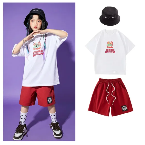 Chinese Kinlin x West Clothing Set: White Graphic T-Shirt, Red Drawstring Shorts, and Black Bucket Hat - 1