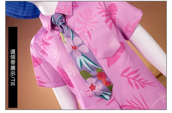 Hawaiian-Style Summer Set: Pink Floral Shirt, White Trousers, Floral Tie, Blue Bucket Hat - 12