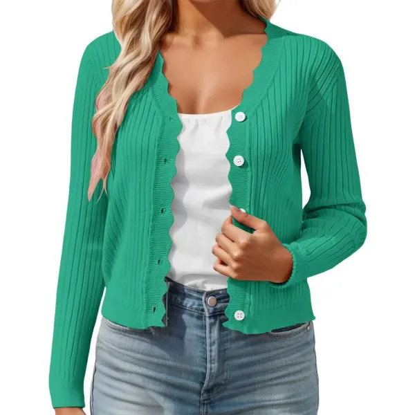 Scalloped Hem Ribbed Knit Cardigan in Emerald Green - 1
