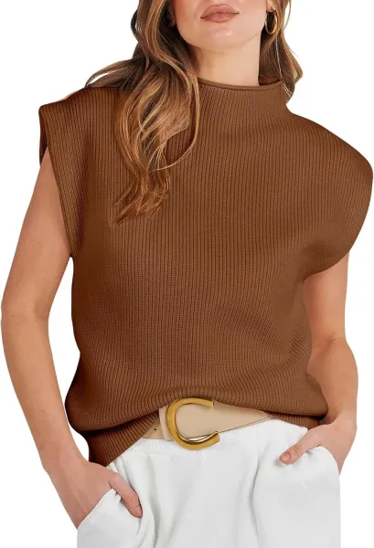 Ribbed Sleeveless Turtleneck Top in Pink Sweater - 13