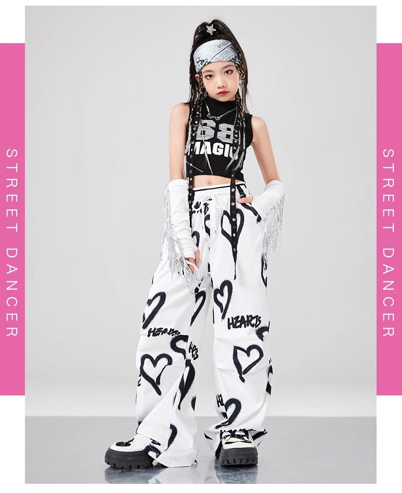 BB Magic Streetwear Set Black/White Heart Print Vest Top + Cargo Pants + Fringe Arm Warmers + Chain Necklace - 14
