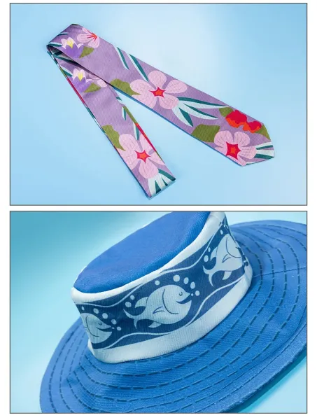 Hawaiian-Style Summer Set: Pink Floral Shirt, White Trousers, Floral Tie, Blue Bucket Hat - 16