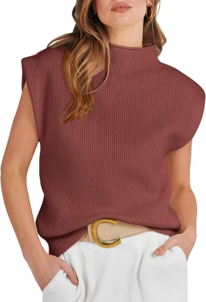 Ribbed Sleeveless Turtleneck Top in Pink Sweater - 16