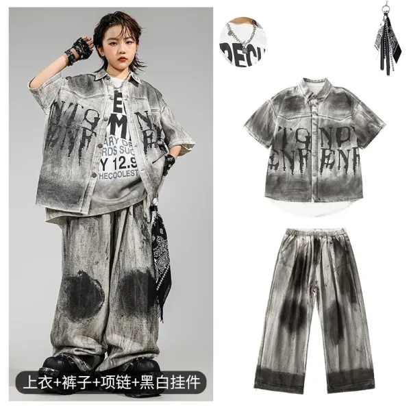 Design Distressed Graffiti Print Oversized Shirt and Pants Set Gray Multicolor - 1