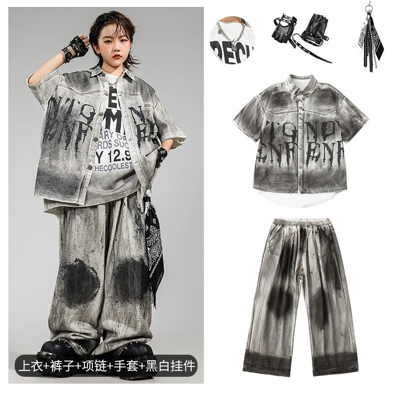 Design Streetwear Oversized Acid-Wash Graphic Shirt and Wide-Leg Pants Set in Gray-Black Wash - 1