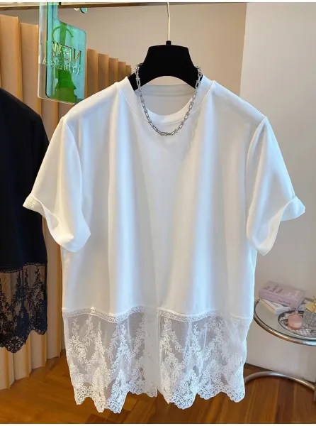 Lace-Trimmed Oversized T-Shirt White - 6