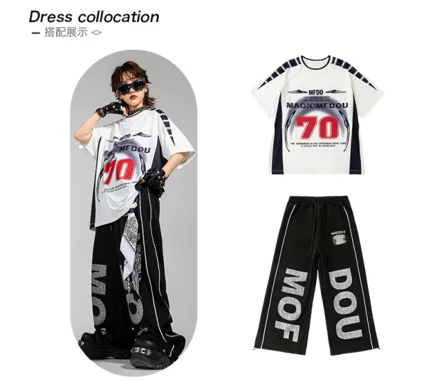 MFDD Magic McDou 70 Graphic Oversized T-Shirt + Wide-Leg Sweatpants Set Black/White - 4