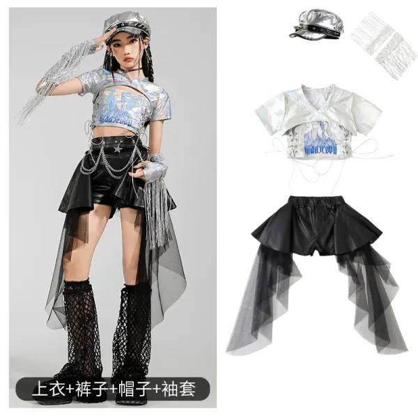 Silver Holographic Crop Top + Asymmetrical Tulle Skirt Set with Cap and Fringe Arm Warmers - 1