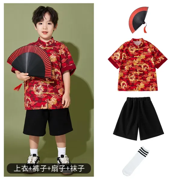 Traditional Chinese Dragon Print Shirt Set with Fan Accessory Red Black Kids Clothing Set - 1