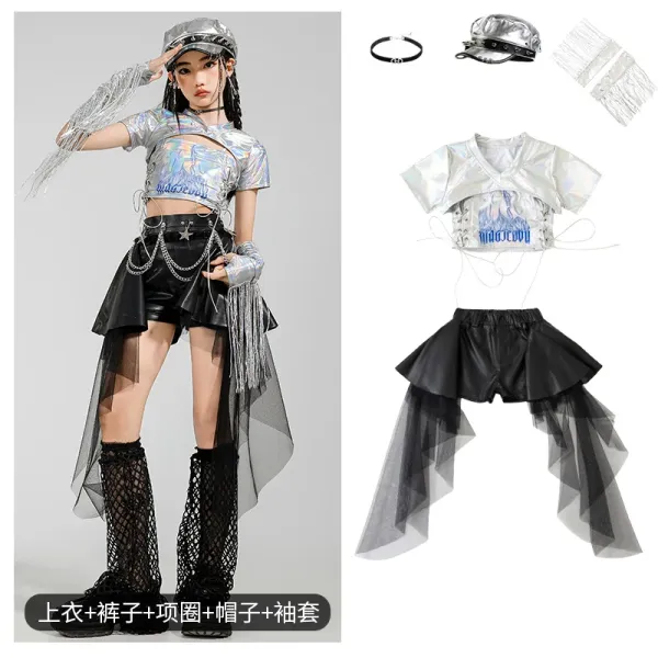 Holographic Crop Top + Asymmetrical Tulle Skort Set with Chain Accents and Cap - 1