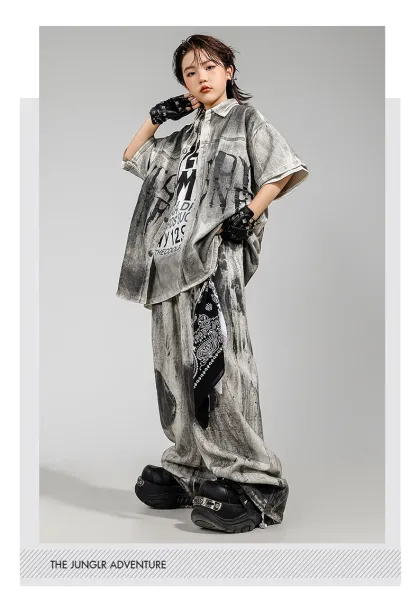 HECOOLEST Distressed Graphic Shirt and Tie-Dye Pants Set Gray - 12