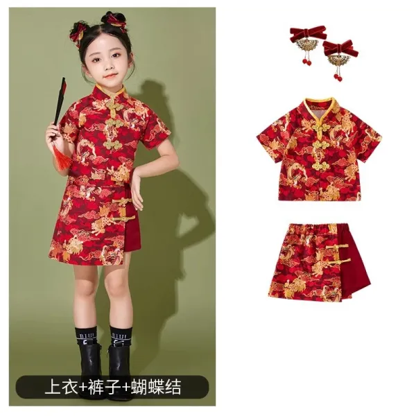 Traditional Chinese Qipao-Style Set Red Gold Dragon Print Kids Dress Set with Butterfly Knot Hair Accessories - 1