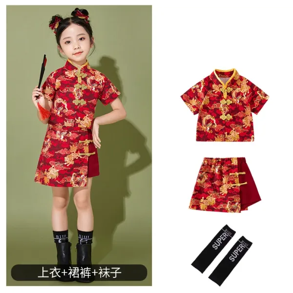 Traditional Chinese Dragon Print Cheongsam Set Red Kids Clothing - 1