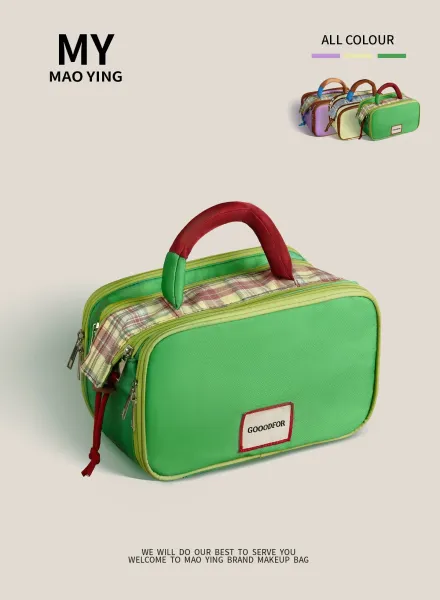 GOOODFOR Plaid-Trimmed Mini Boston Bag in Lime Green and Blue - 2