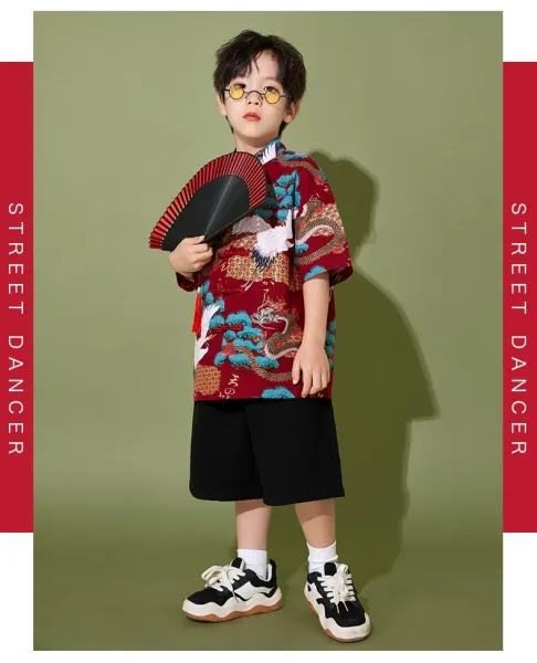 Traditional Chinese Dragon and Crane Print Shirt Set with Accessories in Red Multicolor - 11