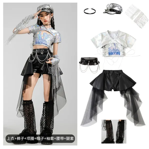 Silver Holographic Crop Top + Black Asymmetrical Skirt Set with Fringe and Fishnet Leg Warmers - 1