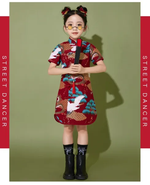 Traditional Chinese Dragon and Crane Print Shirt Set with Accessories in Red Multicolor - 15