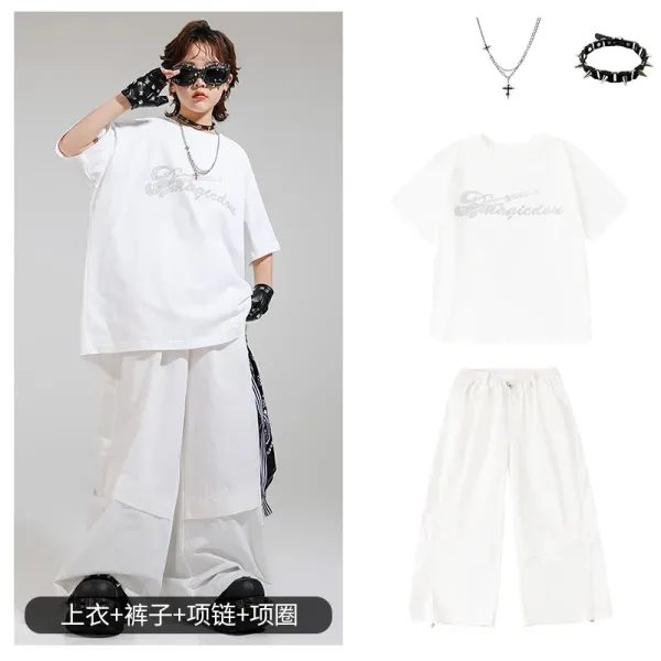 Magicdou Graphic Embroidered Oversized T-Shirt and Wide-Leg Pants Set in White - 1